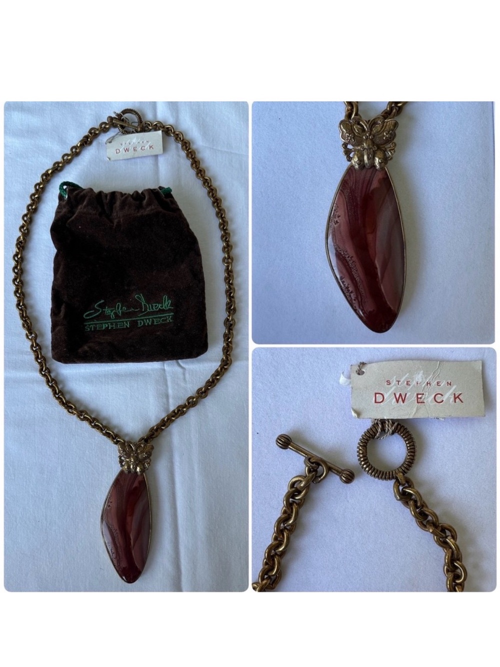New Stephen Dweck Vintage Bronze Butterfly Pendant Red Dendritic Jasper Necklace
